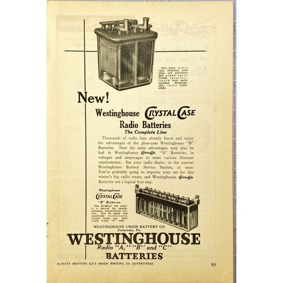 Westinghouse Crystal Case Radio Batteries "The Complete Line" Vtg Print Ad 1923 - Picture 1 of 3